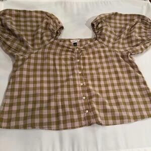 Women Cotton Gingham Checkered XXL Pink Olive Plaid Puff Sleeve Button Shirt